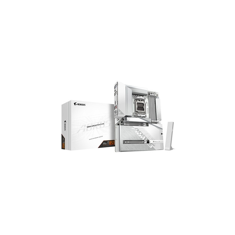 Gigabyte B850 AORUS STEALTH ICE AMD AM5 Socket Motherboard  ATX  4x DDR5 Slots  3x M.2 Socket  Fitted I/O Shield  5GbE LAN  Wi-F