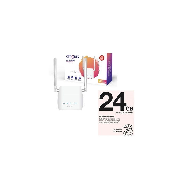 Strong 4GROUTER300MUK 4G LTE CAT4 Unlocked Mobile Broadband Wireless Router (Including 1 x Three 3G 4G & 5G-Ready 24GB Prepaid M