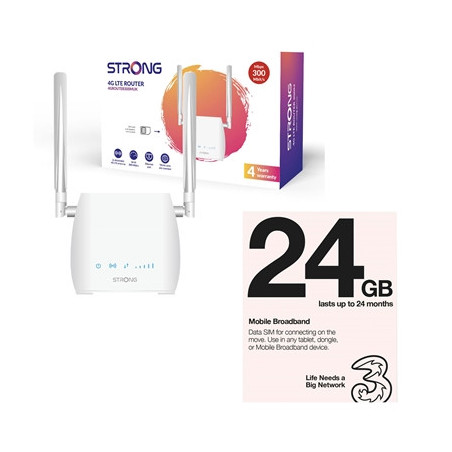 Strong 4GROUTER300MUK 4G LTE CAT4 Unlocked Mobile Broadband Wireless Router (Including 1 x Three 3G 4G & 5G-Ready 24GB Prepaid M