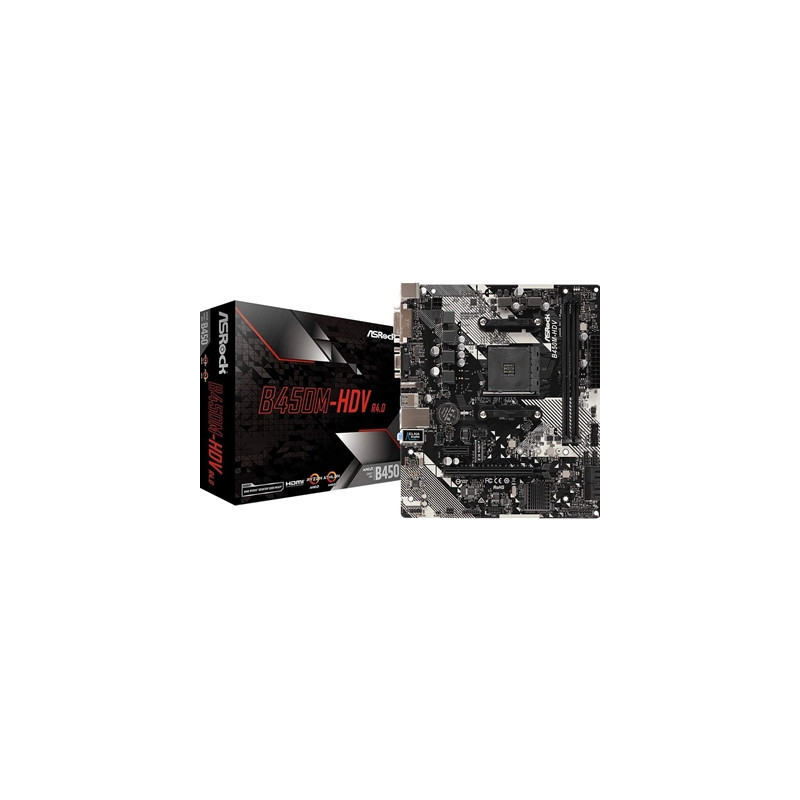 ASRock B450M-HDV R4.0 Super Alloy AMD AM4 Socket Motherboard  Micro-ATX  2x DDR4 Slots  1x M.2 Socket  GbE LAN  1x D-Sub / 1x DV