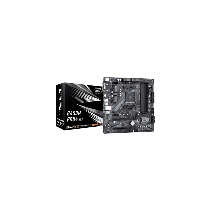 ASRock B450M Pro4 R2.0 Super Alloy AMD AM4 Socket Motherboard  Micro-ATX  4x DDR4 Slots  2x M.2 Sockets  GbE LAN  1x D-Sub / 1x 