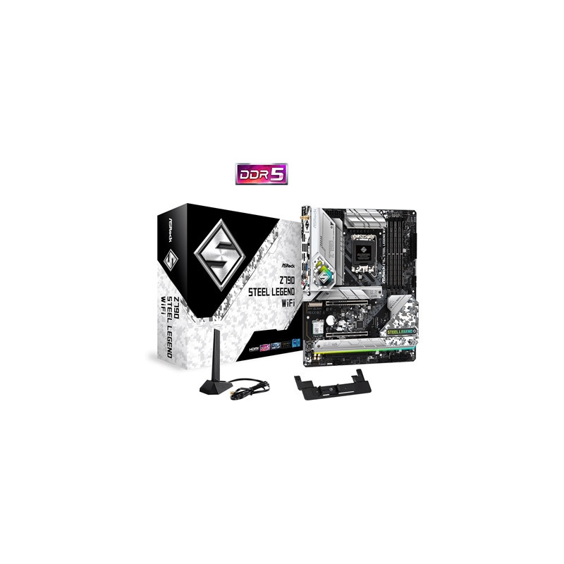 ASRock Z790 Steel Legend WiFi Intel 1700 Socket Motherboard  ATX  4x DDR5 Slots  5x M.2 Sockets  Fitted I/O Shield  2.5GbE LAN  