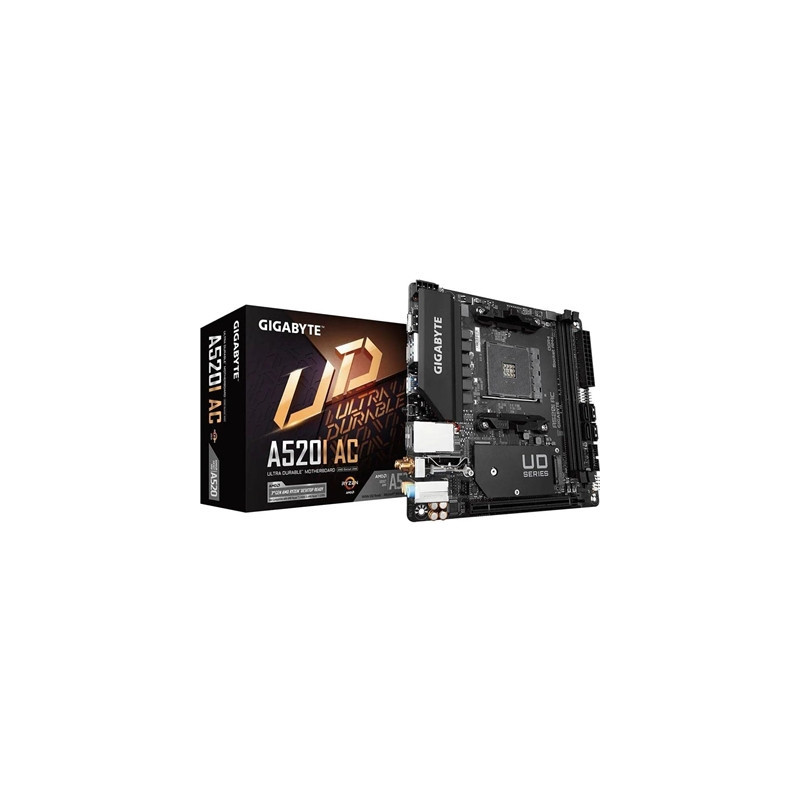 Gigabyte A520I AC Ultra Durable AMD AM4 Socket Motherboard  Mini-ITX  2x DDR4 Slots  1x M.2 Socket  GbE LAN  Wi-Fi 5  1x Display