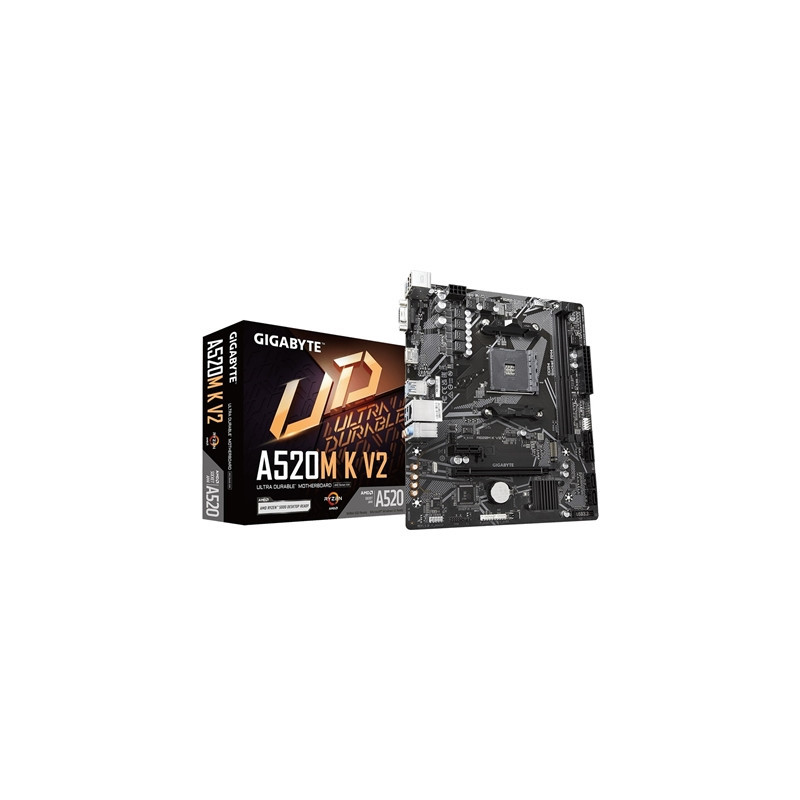 Gigabyte A520M K V2 Ultra Durable AMD AM4 Socket Motherboard  Micro-ATX  2x DDR4 Slots  1x M.2 Socket  GbE LAN  1x D-Sub / 1x HD
