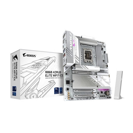 Gigabyte B860 AORUS ELITE WIFI7 ICE Intel 1851 Socket Motherboard  ATX  4x DDR5 Slots  3x M.2 Sockets  Fitted I/O Shield  2.5GbE