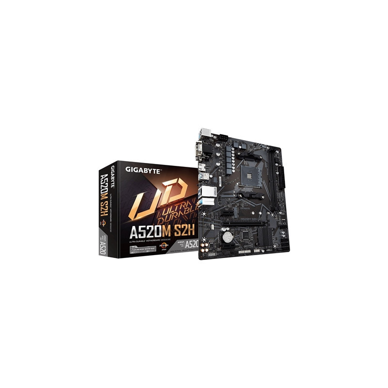 Gigabyte A520M S2H Ultra Durable AMD AM4 Socket Motherboard  Micro-ATX  2x DDR4 Slots  1x M.2 Socket  GbE LAN  1x D-Sub / 1x DVI