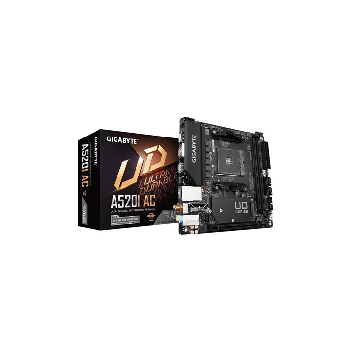 Gigabyte A520I AC Ultra Durable AMD AM4 Socket Motherboard  Mini-ITX  2x DDR4 Slots  1x M.2 Socket  GbE LAN  Wi-Fi 5  1x Display