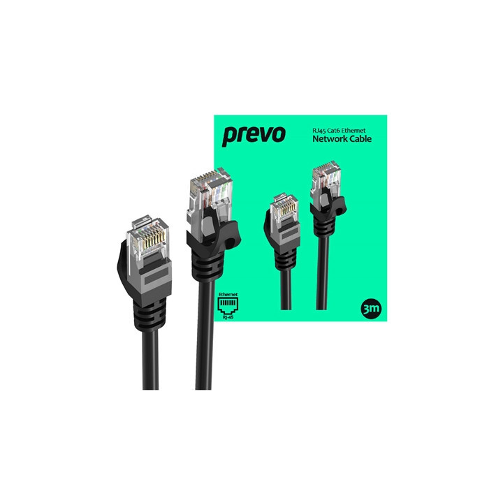 Prevo CAT6-BLK-3M Network Cable  RJ45 (M) to RJ45 (M)  CAT6  3m  Black  Oxygen Free Copper Core  Sturdy PVC Outer Sleeve & Clip 