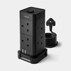 VonHaus Tower Extension Lead with USB  Power Surge Protection 2M Cable Black  8 x UK Mains Sockets  Three-Pin 13A Plugs  Arrange