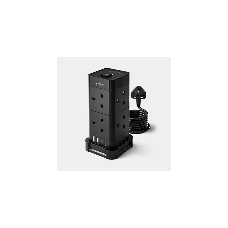 VonHaus Tower Extension Lead with USB  Power Surge Protection 2M Cable Black  8 x UK Mains Sockets  Three-Pin 13A Plugs  Arrange