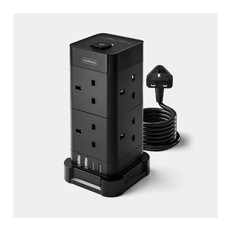 VonHaus Tower Extension Lead with USB  Power Surge Protection 2M Cable Black  8 x UK Mains Sockets  Three-Pin 13A Plugs  Arrange