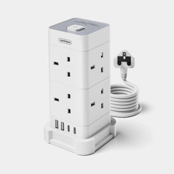 VonHaus Tower Extension Lead with USB  Power Surge Protection 2M Cable White  8 x UK Mains Sockets  Three-Pin 13A Plugs  Arrange