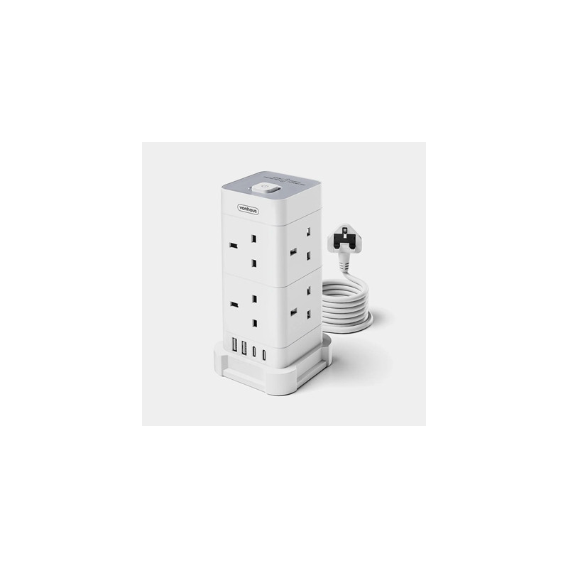 VonHaus Tower Extension Lead with USB  Power Surge Protection 2M Cable White  8 x UK Mains Sockets  Three-Pin 13A Plugs  Arrange