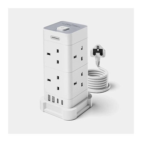 VonHaus Tower Extension Lead with USB  Power Surge Protection 2M Cable White  8 x UK Mains Sockets  Three-Pin 13A Plugs  Arrange
