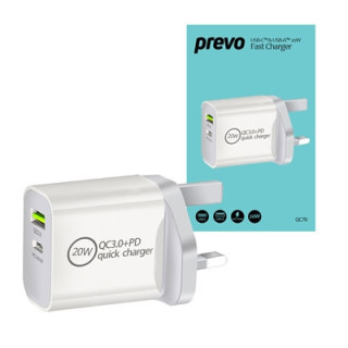 Prevo QC70 20W USB Type-C & USB Type-A Fast Charge Mains Charger with QC 3.0 for Laptops  Ultrabooks  Chromebooks  iPads  MacBoo