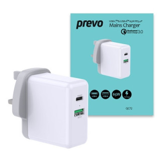 Prevo QC72 65W USB Type-C & USB Type-A Fast Charge Mains Charger with Qualcomm Quick Charge 3.0 and 1.5m 100W USB-C Cable for La