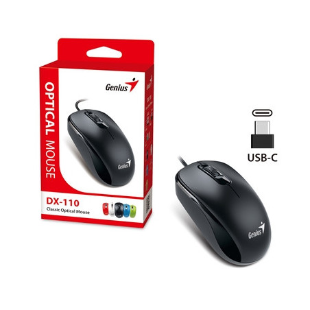 Genius DX-110 Wired USB-Type C Plug and Play Mouse  1000 DPI Optical Tracking  3 Button with Scroll Wheel  Ambidextrous Design w