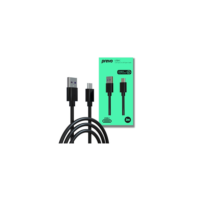 Prevo USBA-USBC-2M Data Cable  USB 2.0 Type-A (M) to USB 2.0 Type-C (M)  2m  Black  Fast Charging up to 2.1A / 5V  Nickel Plated
