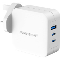 SUMVISION Universal 3 Port USB White Laptop Wall Charger  100W  GaN  Multiport USB Connections with Type-C  USB-A QC 3.0 Fast Ch