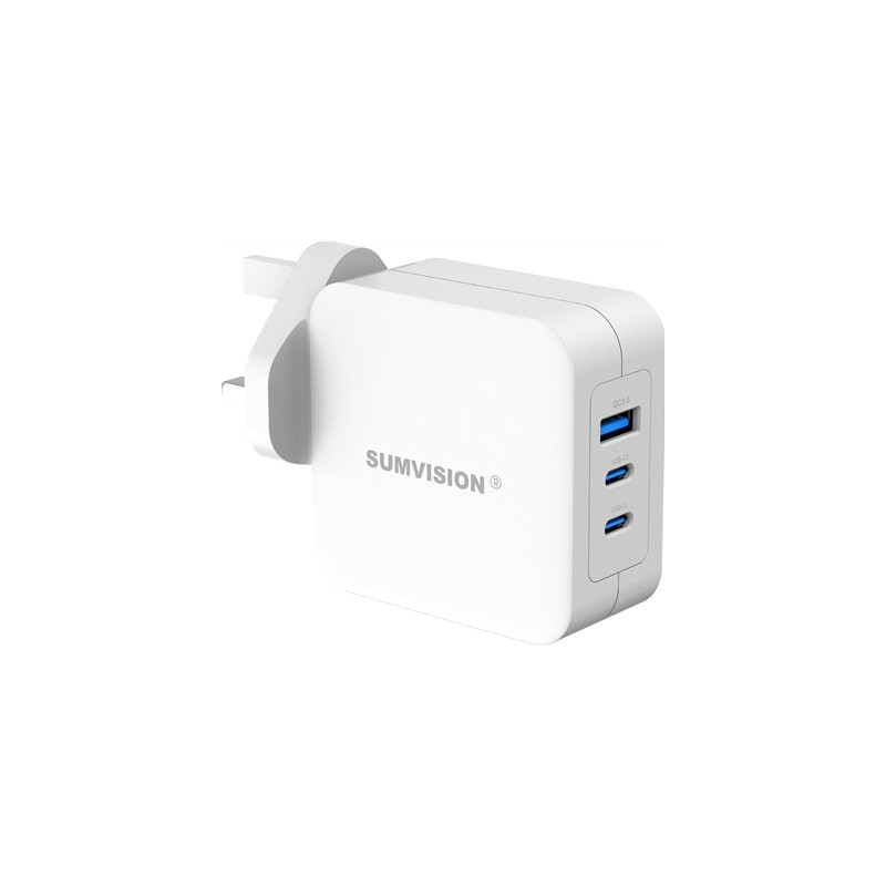 SUMVISION Universal 3 Port USB White Laptop Wall Charger  100W  GaN  Multiport USB Connections with Type-C  USB-A QC 3.0 Fast Ch