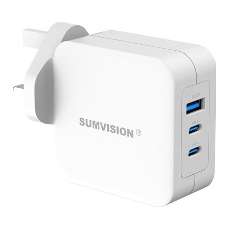 SUMVISION Universal 3 Port USB White Laptop Wall Charger  100W  GaN  Multiport USB Connections with Type-C  USB-A QC 3.0 Fast Ch