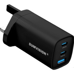 SUMVISION Universal 3 Port USB Black Laptop Wall Charger  65W  GaN  Multiport USB Connections with Type-C  USB-A QC 3.0 Fast Cha