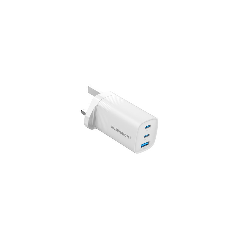 SUMVISION Universal 3 Port USB White Laptop Wall Charger  65W  GaN  Multiport USB Connections with Type-C  USB-A QC 3.0 Fast Cha