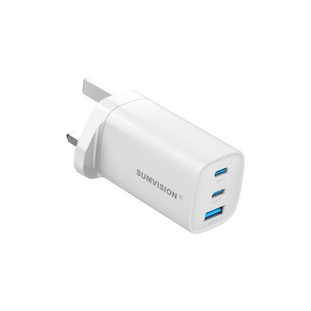 SUMVISION Universal 3 Port USB White Laptop Wall Charger  65W  GaN  Multiport USB Connections with Type-C  USB-A QC 3.0 Fast Cha