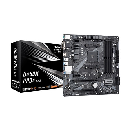 ASRock B450M Pro4 R2.0 Super Alloy AMD AM4 Socket Motherboard  Micro-ATX  4x DDR4 Slots  2x M.2 Sockets  GbE LAN  1x D-Sub / 1x 