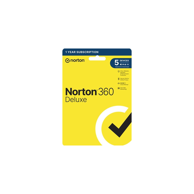 Norton 360 Deluxe  Antivirus Software for 5 Devices  1-year Subscription  Includes Secure VPN  Password Manager and 50GB of Clou