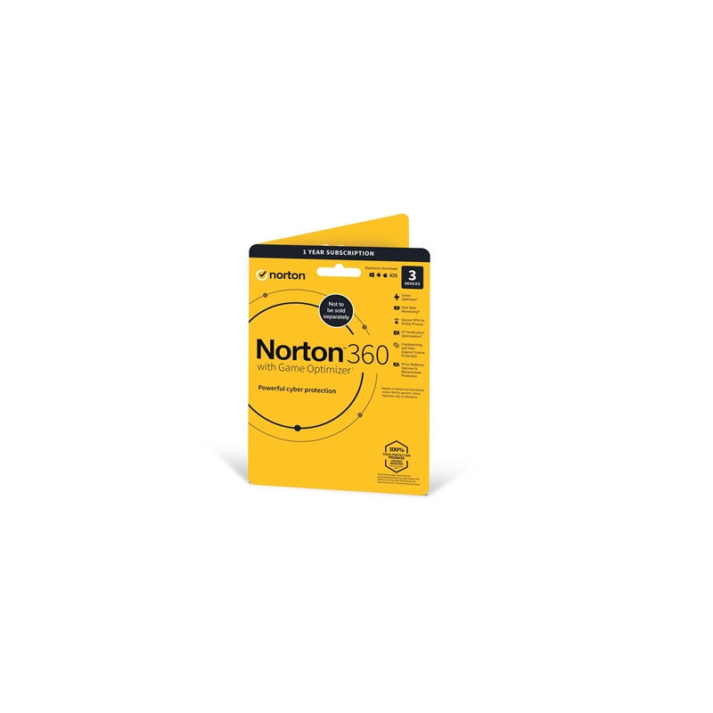 Norton 360 with Game Optimizer  Antivirus for 3 Devices  1-year subscription Includes VPN  Dark Web Monitoring  Password Manager