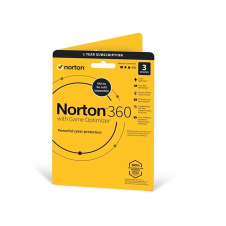 Norton 360 with Game Optimizer  Antivirus for 3 Devices  1-year subscription Includes VPN  Dark Web Monitoring  Password Manager