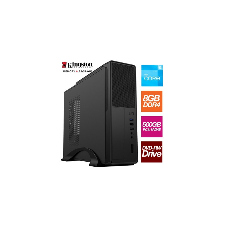 Small Form Factor - Intel i3 12100 4 Core 8 Thread 3.30GHz (4.30GHz Boost)  8GB Kingston RAM  500GB Kingston NVMe M.2 - DVDRW  W