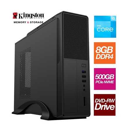 Small Form Factor - Intel i3 12100 4 Core 8 Thread 3.30GHz (4.30GHz Boost)  8GB Kingston RAM  500GB Kingston NVMe M.2 - DVDRW  W