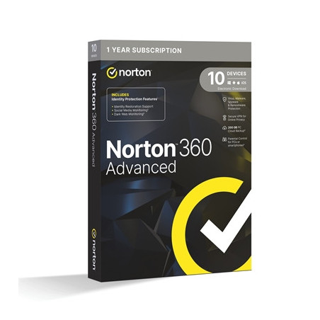 Norton 360 Advanced  Antivirus Software for 10 Devices  1-year Subscription  Includes Secure VPN  Dark Web Monitoring and Passwo