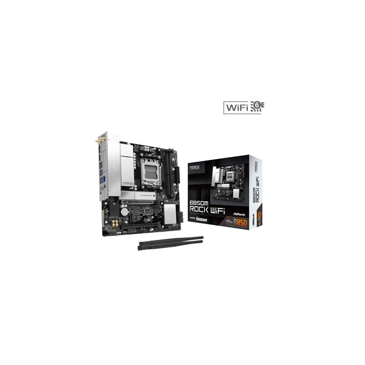 ASRock B850M Rock WiFi AMD AM5 Socket Motherboard  Micro-ATX  2x DDR5 Slots  2x M.2 Sockets  Fitted I/O Shield  2.5GbE LAN  Wi-F