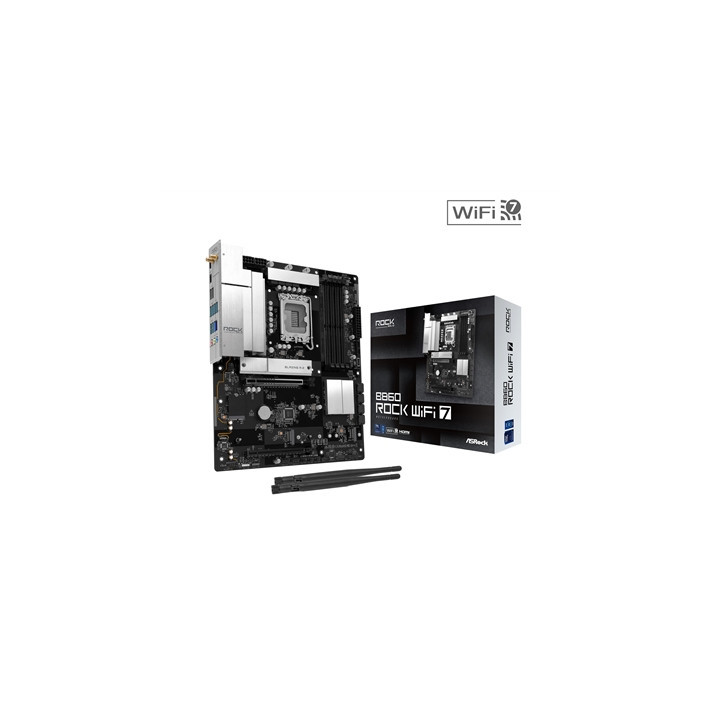 ASRock B860 Rock WiFi 7 Intel 1851 Socket Motherboard  ATX  4x DDR5 Slots  3x M.2 Sockets  Fitted I/O Shield  2.5GbE LAN  Wi-Fi 