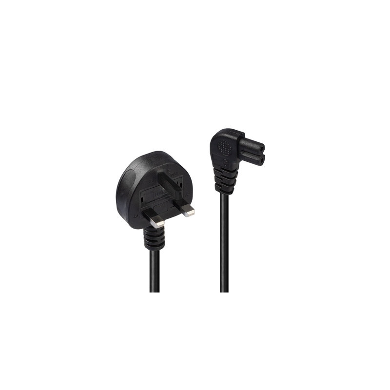 Lindy 30454 0.5m UK 3 Pin Plug To Right Angle IEC C7 (Figure-8) 3 Amp Fuse Mains Extension Cable - Black