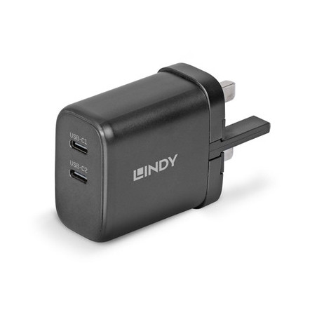 Lindy 65W USB 2 x Type C GaN Charger  Input UK Plug  Output 2 x USB Type C Female  Black