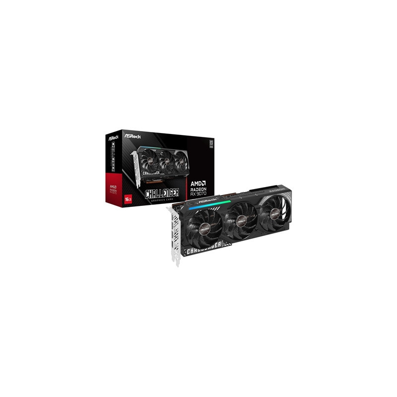 ASRock AMD Radeon RX 9070 Challenger OC Graphics Card  16GB GDDR6  3584 Streams  2520 MHz Boost Clock  Triple Fan  RGB  3x Displ