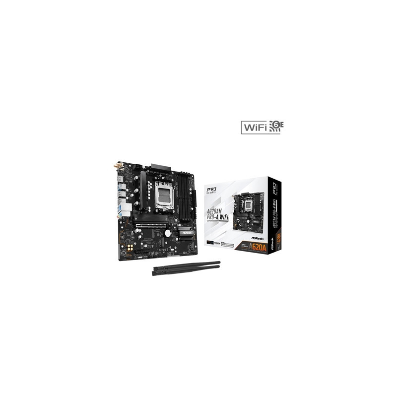ASRock A620AM PRO-A WIFI AMD Socket AM5 Motherboard  4 x DDR5 Slots  3x M.2 Socket  2.5GbE LAN  Wi-Fi 6E  1x HDMI Port