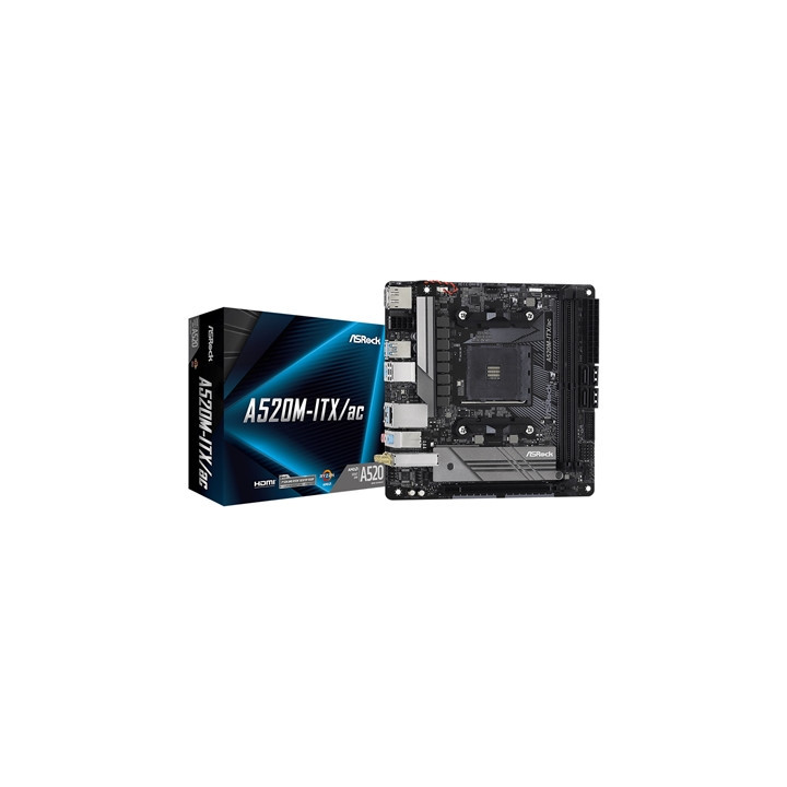 ASRock A520M-ITX/ac AMD AM4 Socket Motherboard  Mini-ITX  2x DDR4 Slots  1x M.2 Socket  GbE LAN  Wi-Fi 5  1x DisplayPort / 1x HD