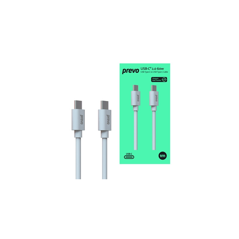 Prevo USB 2.0 60W C to C PVC cable  20V/3A  480Mbps  White  Superior Design & Performance  Retail Box Packaging
