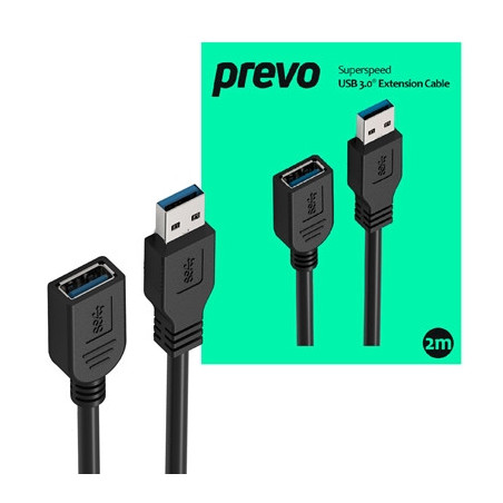 Prevo USBM-USBF-2M USB Extension Cable  USB 3.0 Type-A (M) to USB Type-A (F)  2m  Black  Up to 5Gbps Transmission Rate  Retail B