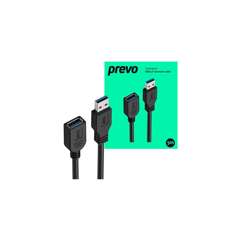 Prevo USBM-USBF-5M USB 3.0 Extension Cable  USB 3.0 Type-A (M) to USB Type-A (F)  5m  Black  Up to 5Gbps Transmission Rate  Reta