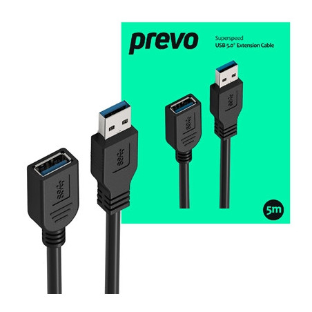 Prevo USBM-USBF-5M USB 3.0 Extension Cable  USB 3.0 Type-A (M) to USB Type-A (F)  5m  Black  Up to 5Gbps Transmission Rate  Reta