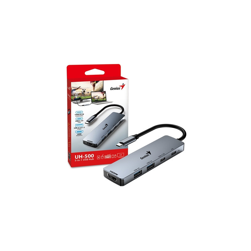 Genius USB Type-C 5-In-1 Hub Docking Station with USB-C 100W Power Delivery  USB-C 3.0  2x USB A 3.0  4K HDMI  PC  Laptop  Table