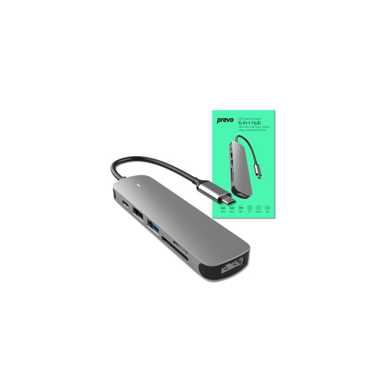 Prevo C605A 6-In-1 USB-C 4K Media and Data Transfer Hub Docking Station with 60W Passthrough  USB-C  HDMI  SD  USB-A  for PC  La