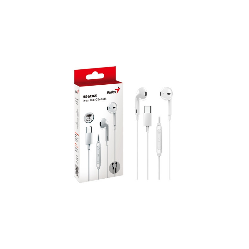 Genius HS-M365W USB-C In-Ear Wired Earbuds with In Line Microphone and Volume Controls White