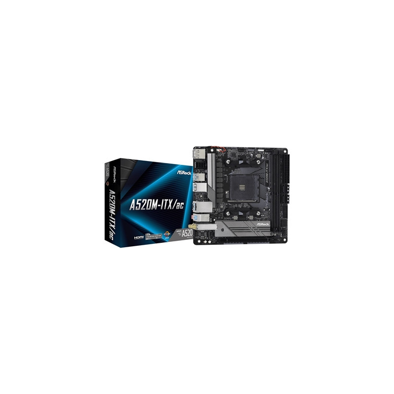 ASRock A520M-ITX/ac AMD AM4 Socket Motherboard  Mini-ITX  2x DDR4 Slots  1x M.2 Socket  GbE LAN  Wi-Fi 5  1x DisplayPort / 1x HD